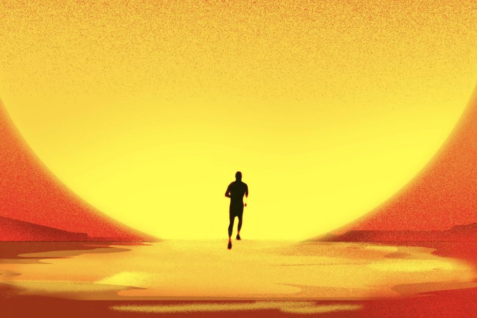 illustration of a runner running toward a sweltering yellow sun, which takes up the full background of the image